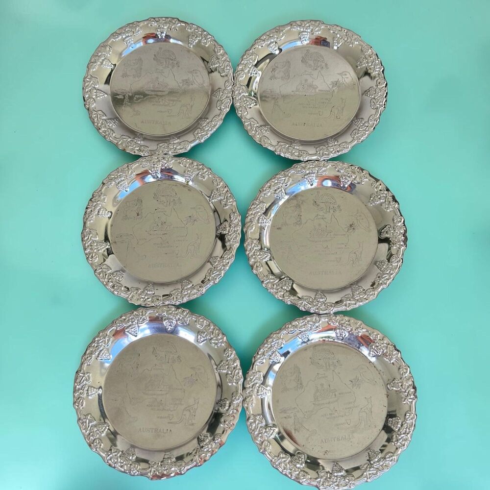 Vintage Chrome Australia Souvenir Coasters Set of 6 Etched Map & Native Wildlife